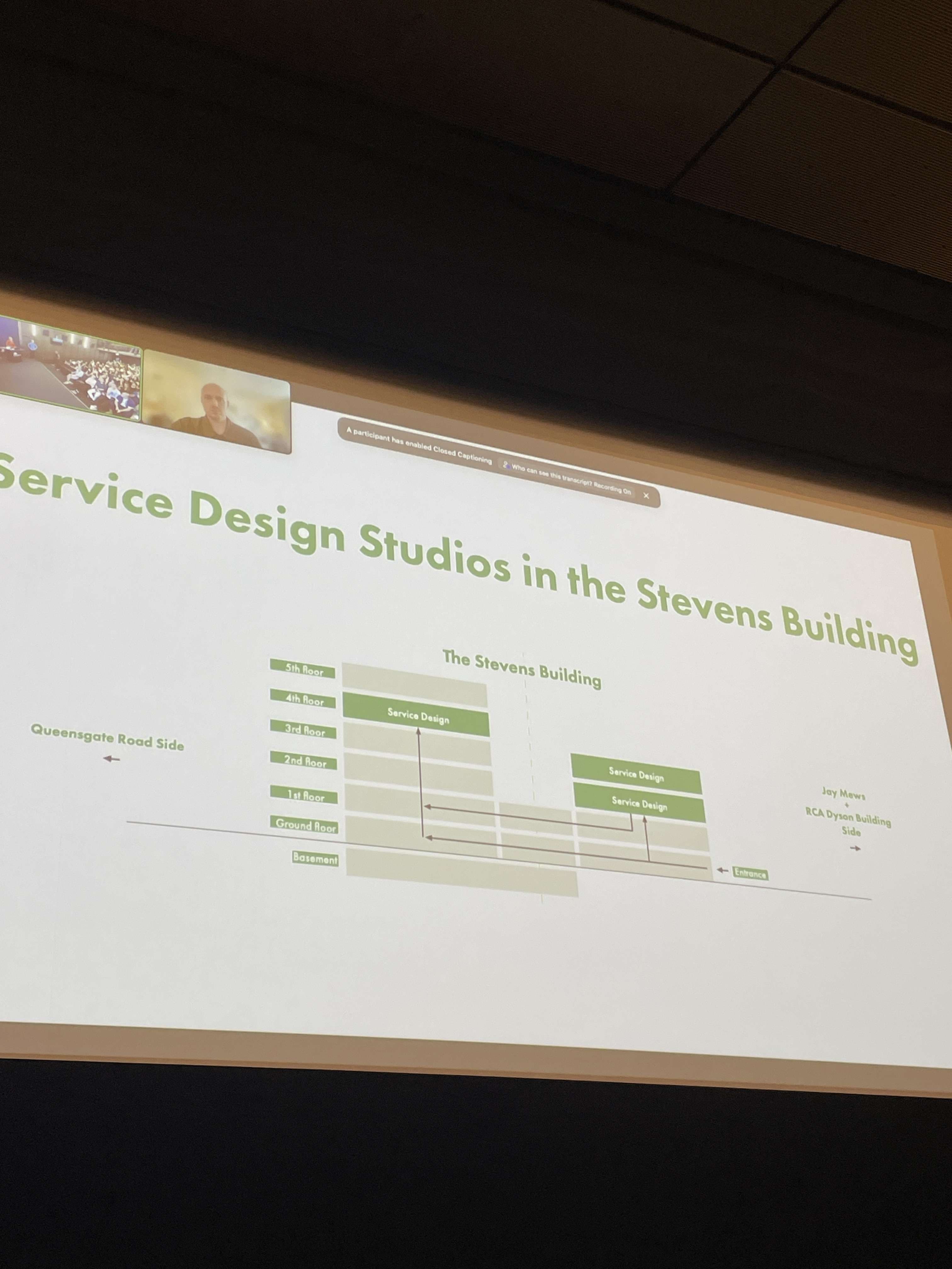 說明會投影片「Service Design Studios in the Stevens Building」,標出系上工作室在大樓裡的樓層位置