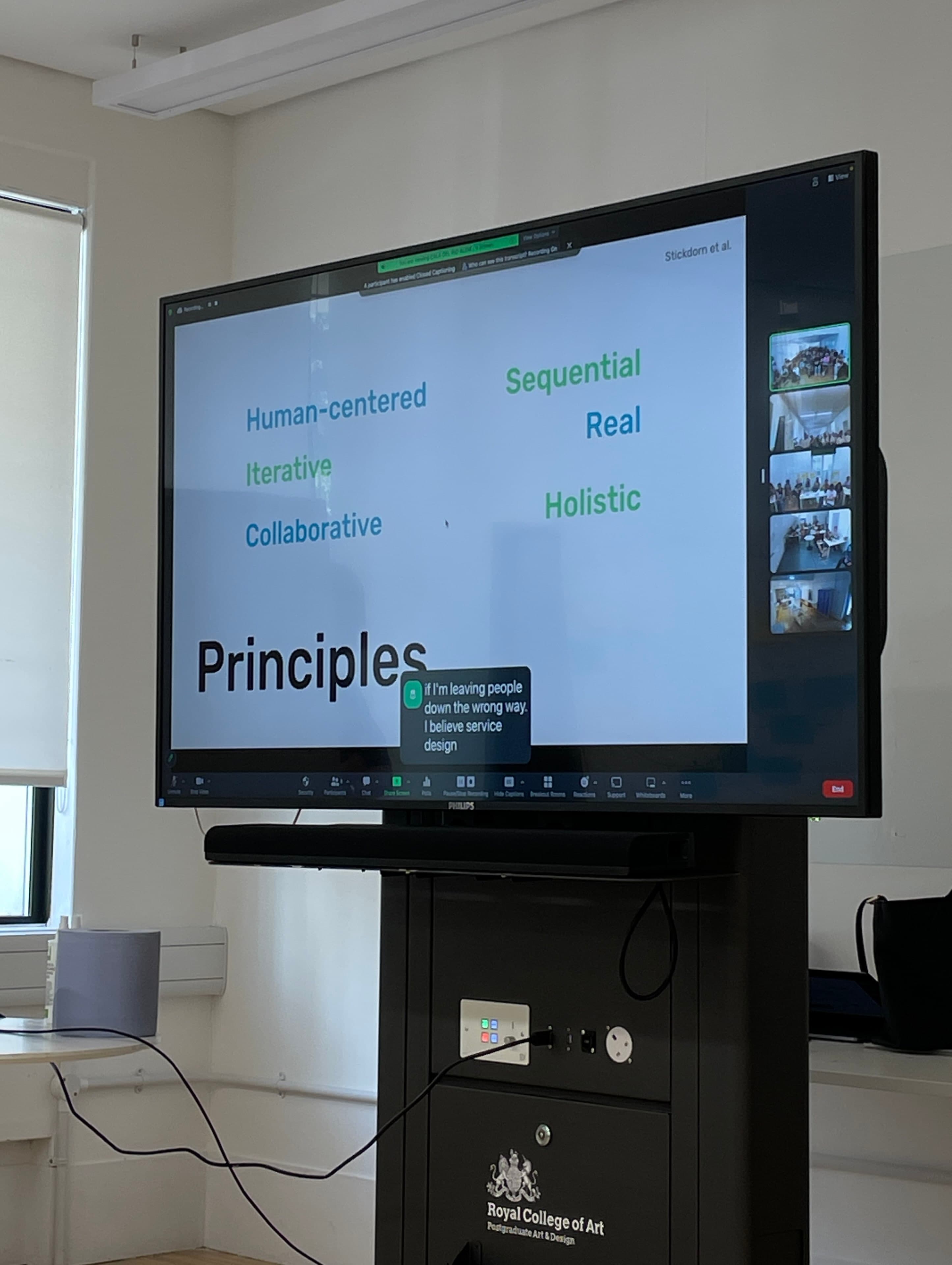 RCA 碩士開學的課堂投影片列出服務設計六大原則:Human-centered、Iterative、Collaborative、Sequential、Real、Holistic