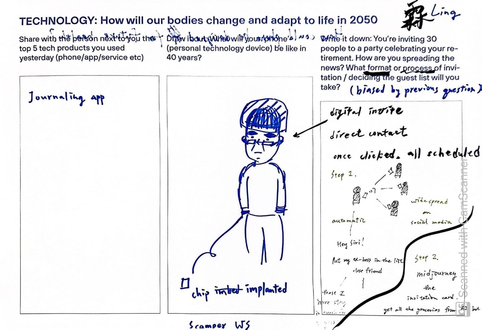 手寫 worksheet 掃描:標題為 Technology: How will our bodies change and adapt to life in 2050,三個欄位寫著筆記、畫著一個植入晶片的人物塗鴉