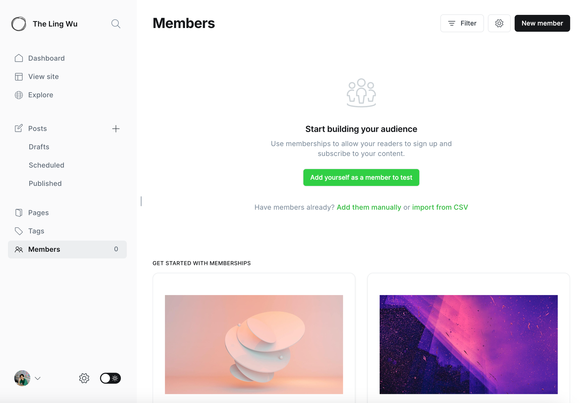 Screenshot of Ghost.io open source dashboard